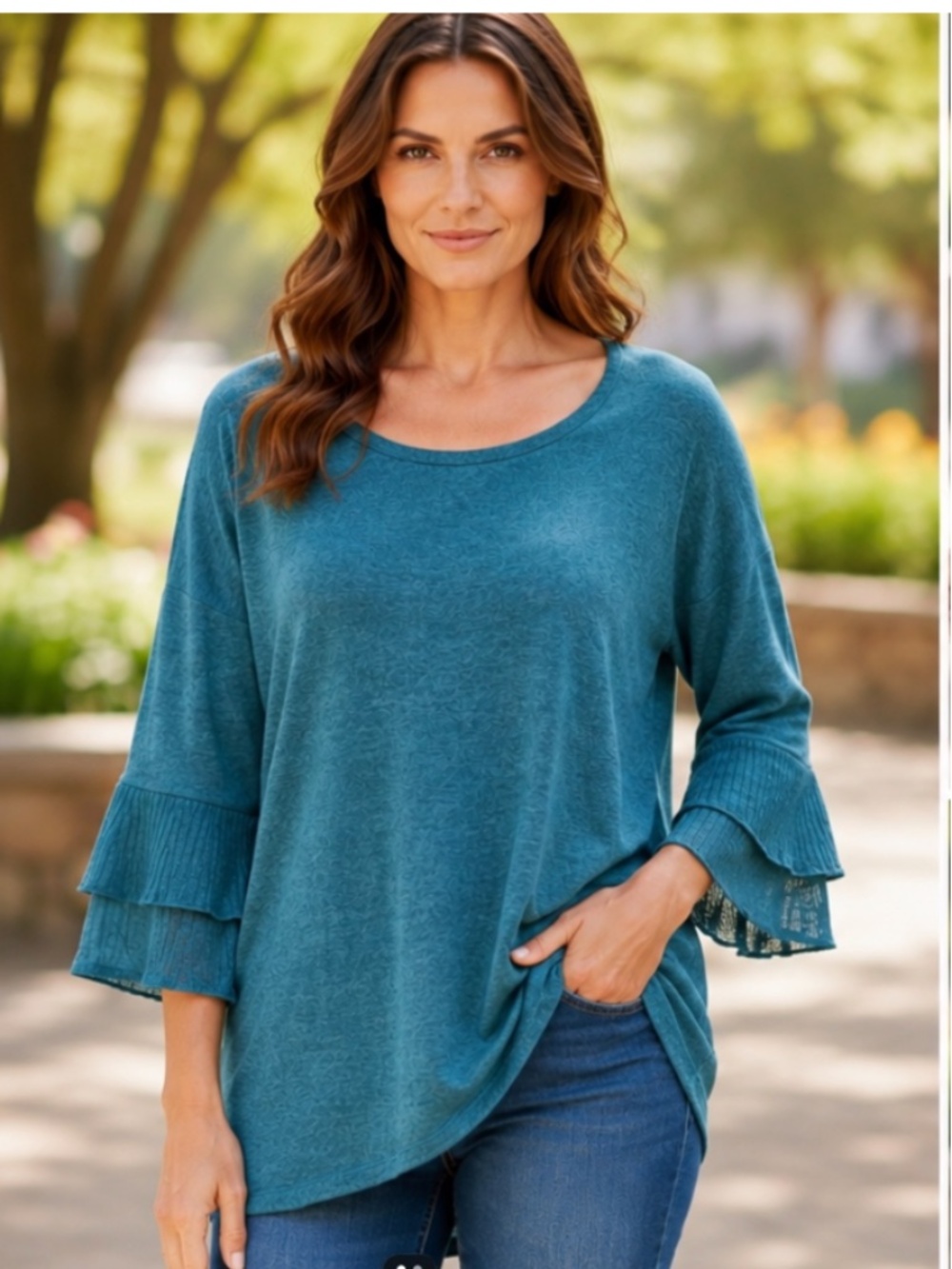 IN Studio Teal Textured Knit Tunic Top 3/4 Sleeve XL Lightweight Cozy